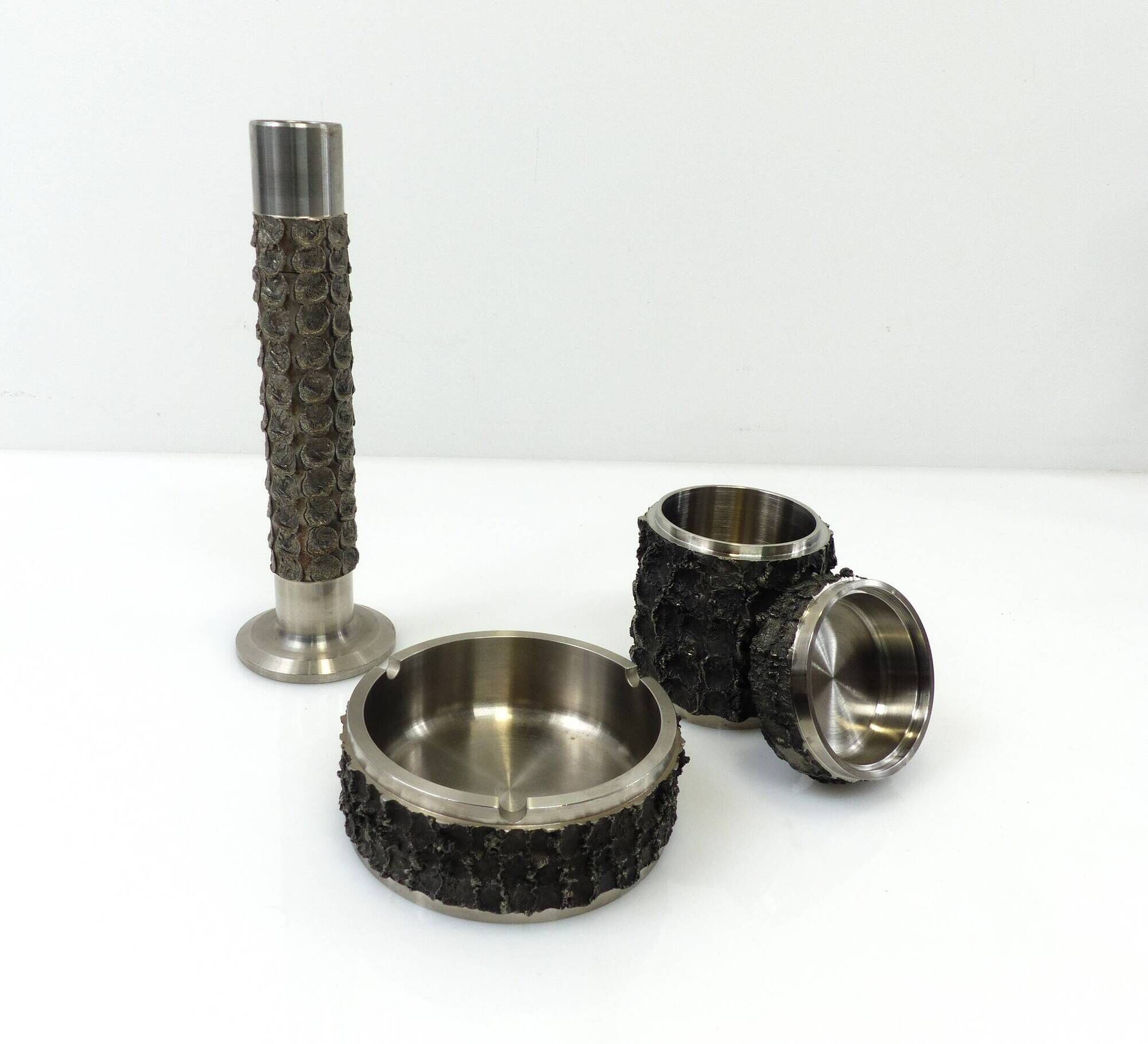 Brutalist metal BMF set – Ashtray, cigarette box and vase