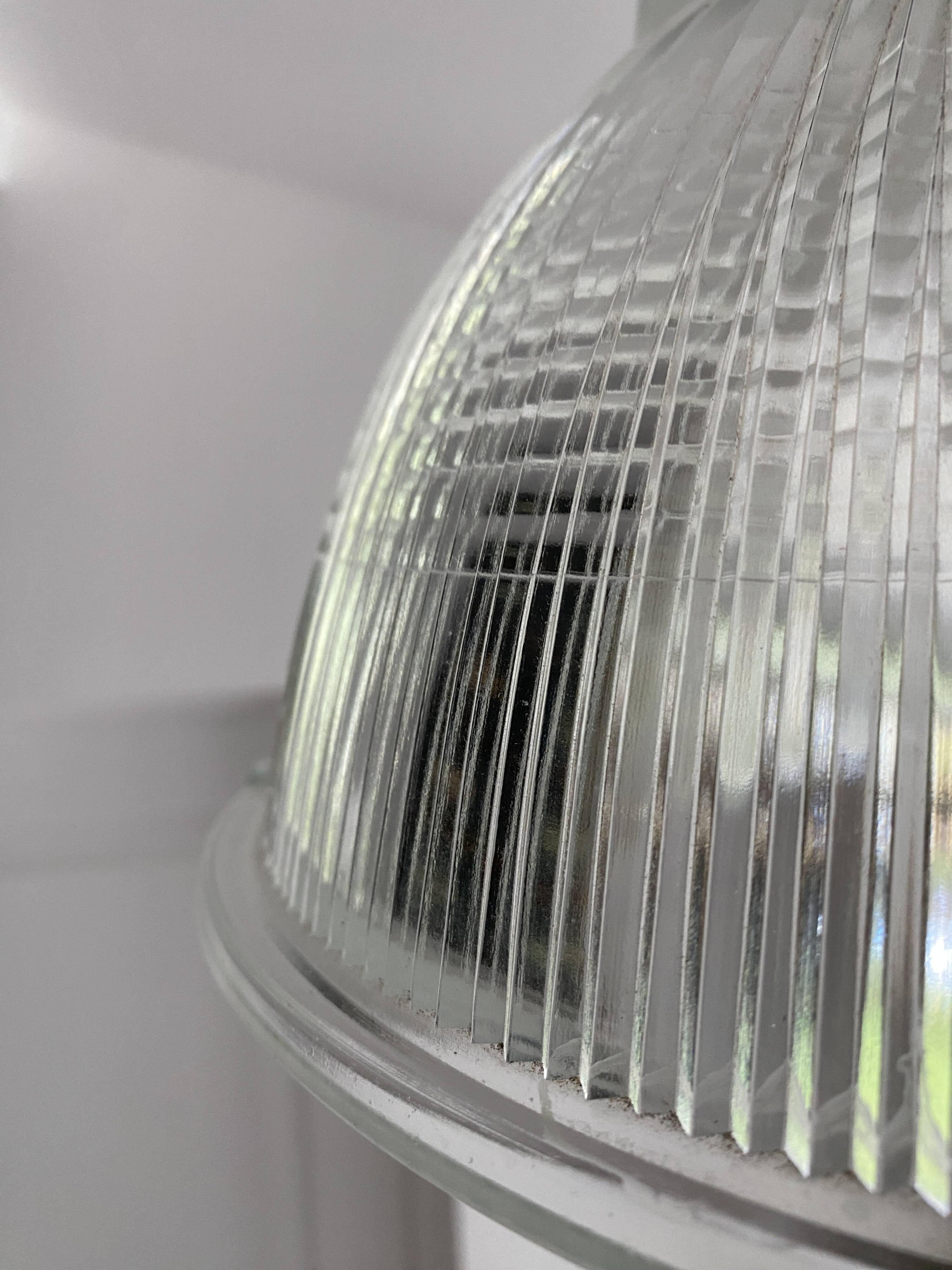 Vintage Holophane Suspension Chandelier from the 50s/60s, industrial style, transparent striated glass