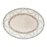 Plat ovale en faïence ajourée de Sarreguemines, ruban bleu et fruits