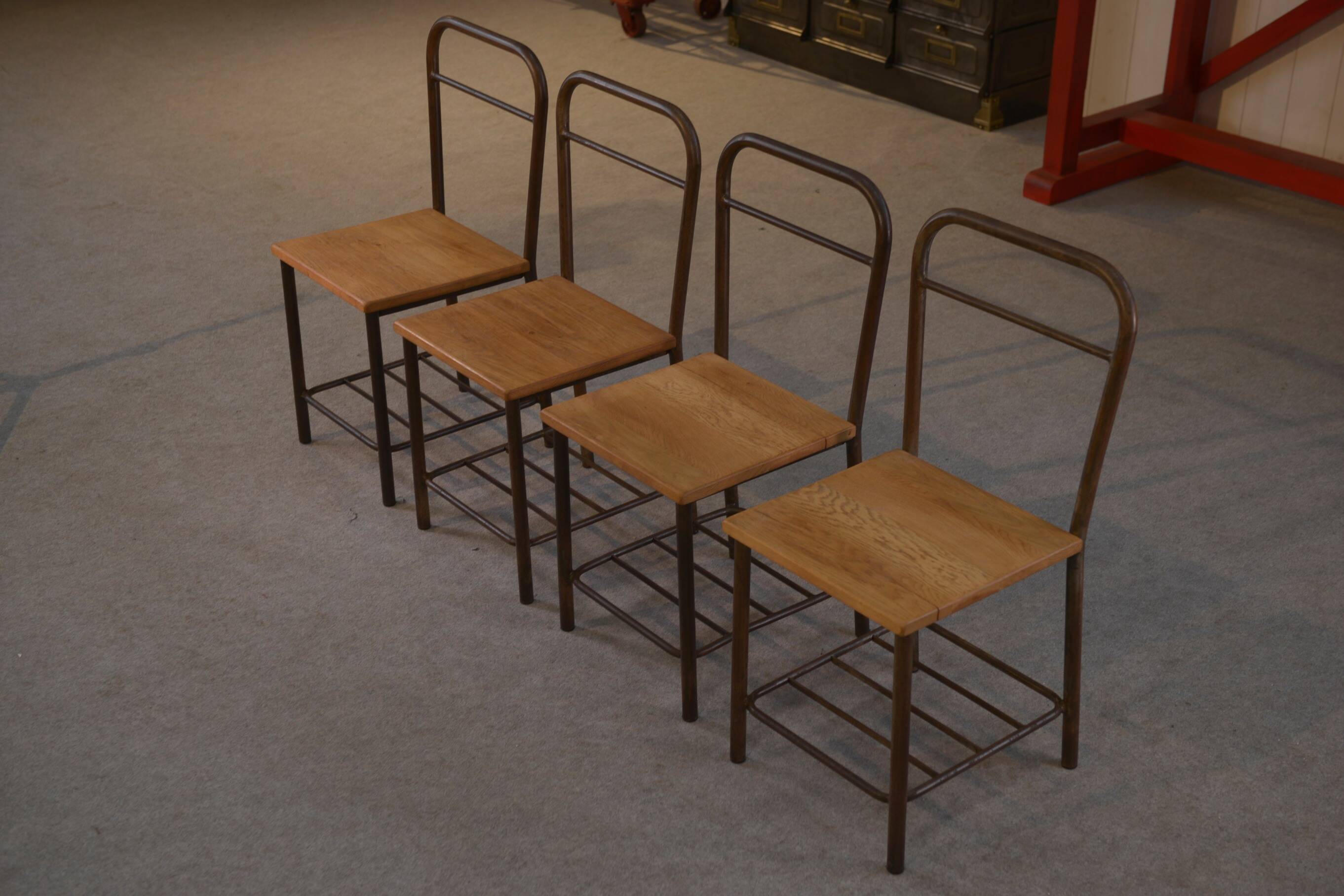Set of 4 industrial oak chairs, 1950
