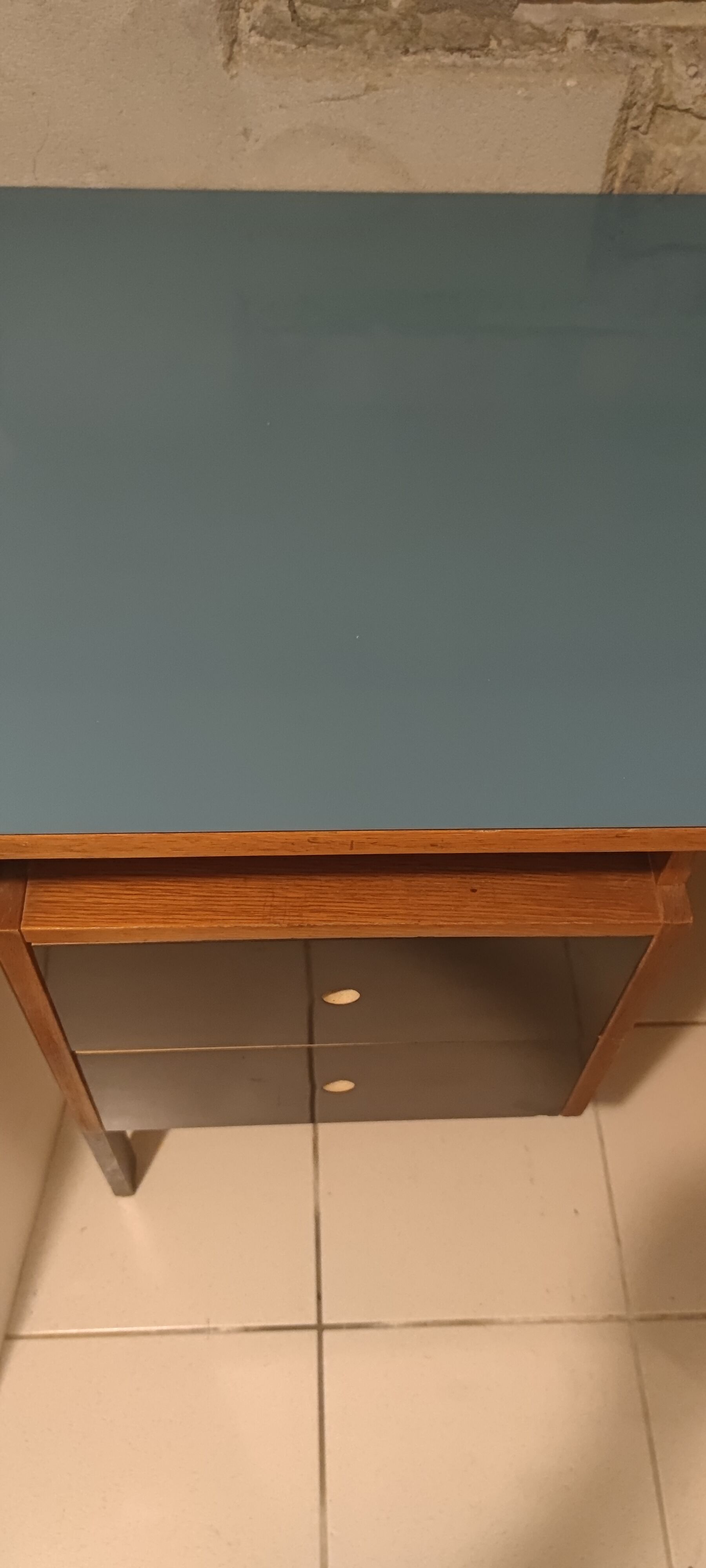 Vintage desk wood 1950s, blue top