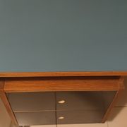 Bureau vintage bois années 1950, plateau bleu