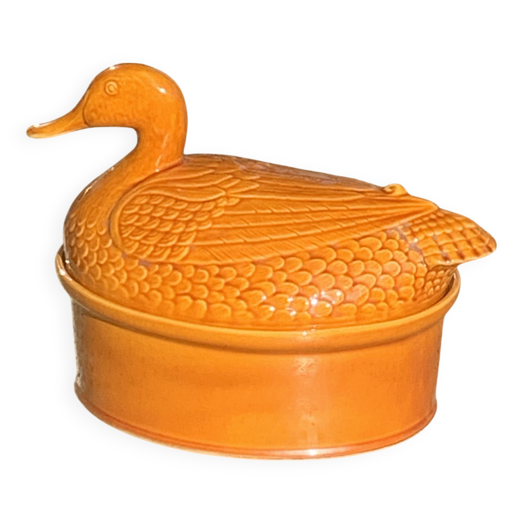 Duck, slip, glazed ceramic terrine, brown, vintage