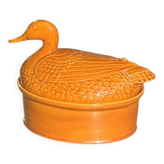 Canard, barbotine, terrine en céramique émaillée, marron, vintage