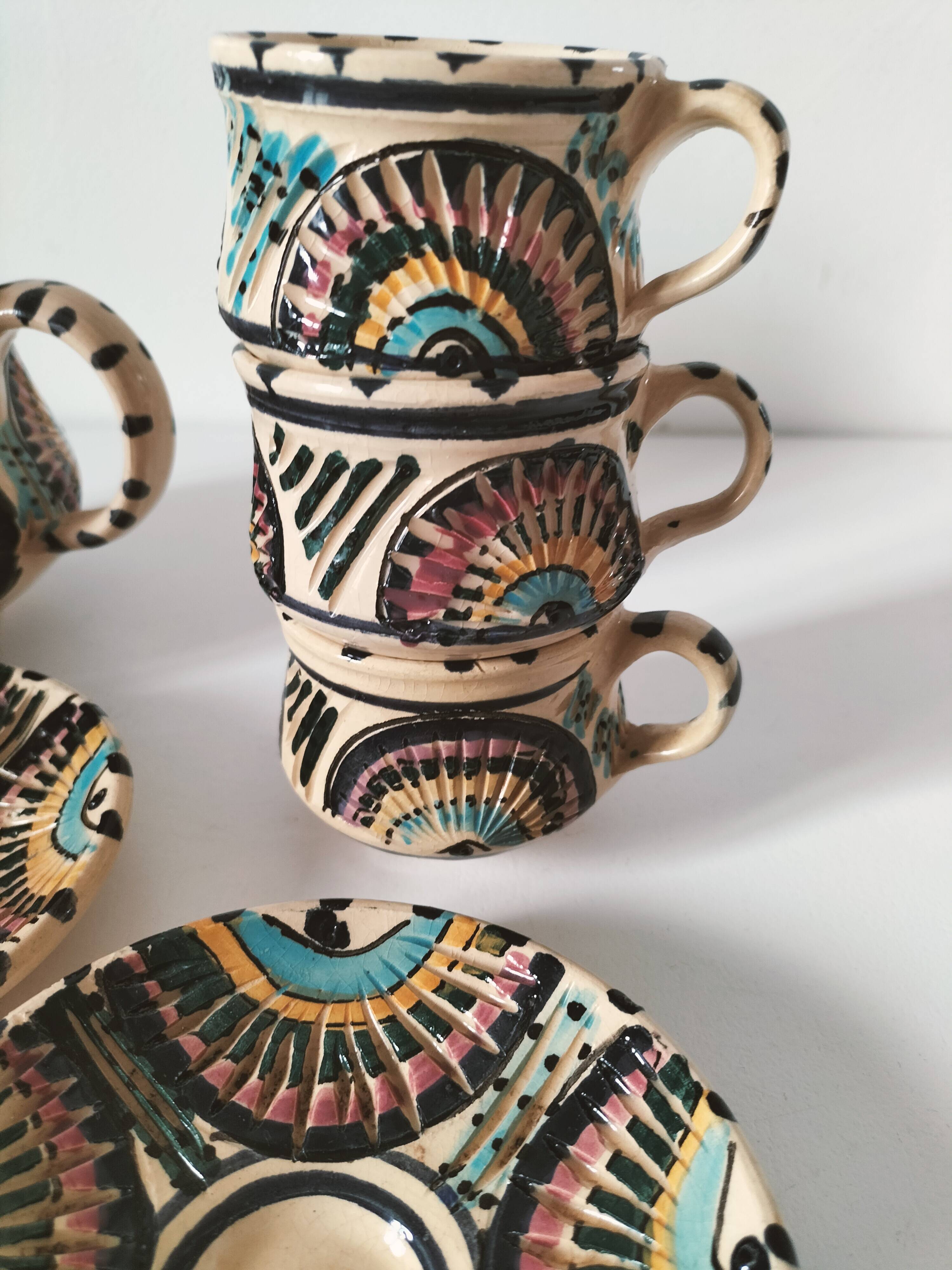 Vintage Moroccan tea set, teapot and 6 cups and saucers
