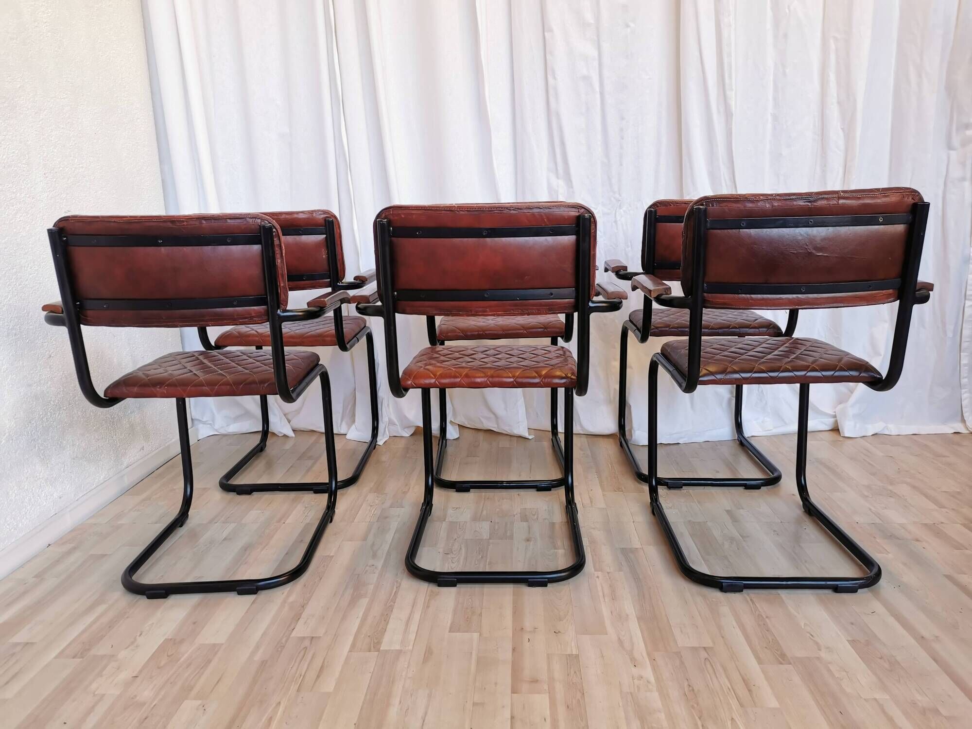 Set of 6 Vintage Cognac Leather Dining Chairs: Quilted Industrial Armchair