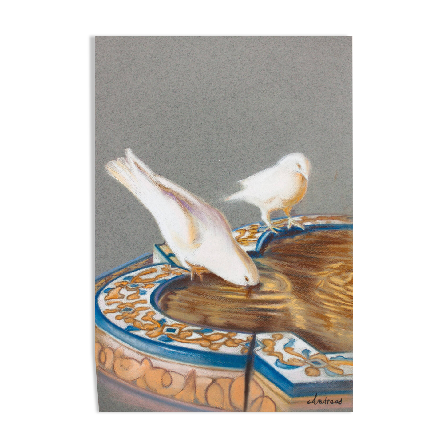 Drawing of pigeons drinking from a fountain. painting of doves. painting of pigeons.