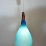 Holmegaard pendant lamp large model in blue blown glass and teak, Denmark, Poulsen
