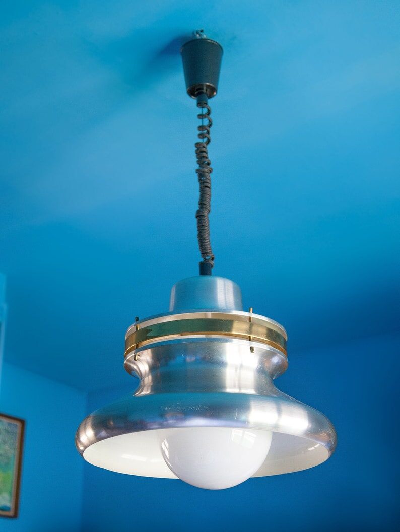 Vintage pendant lamp, chrome aluminium suspension, aluminium lamp, up and down system, space age