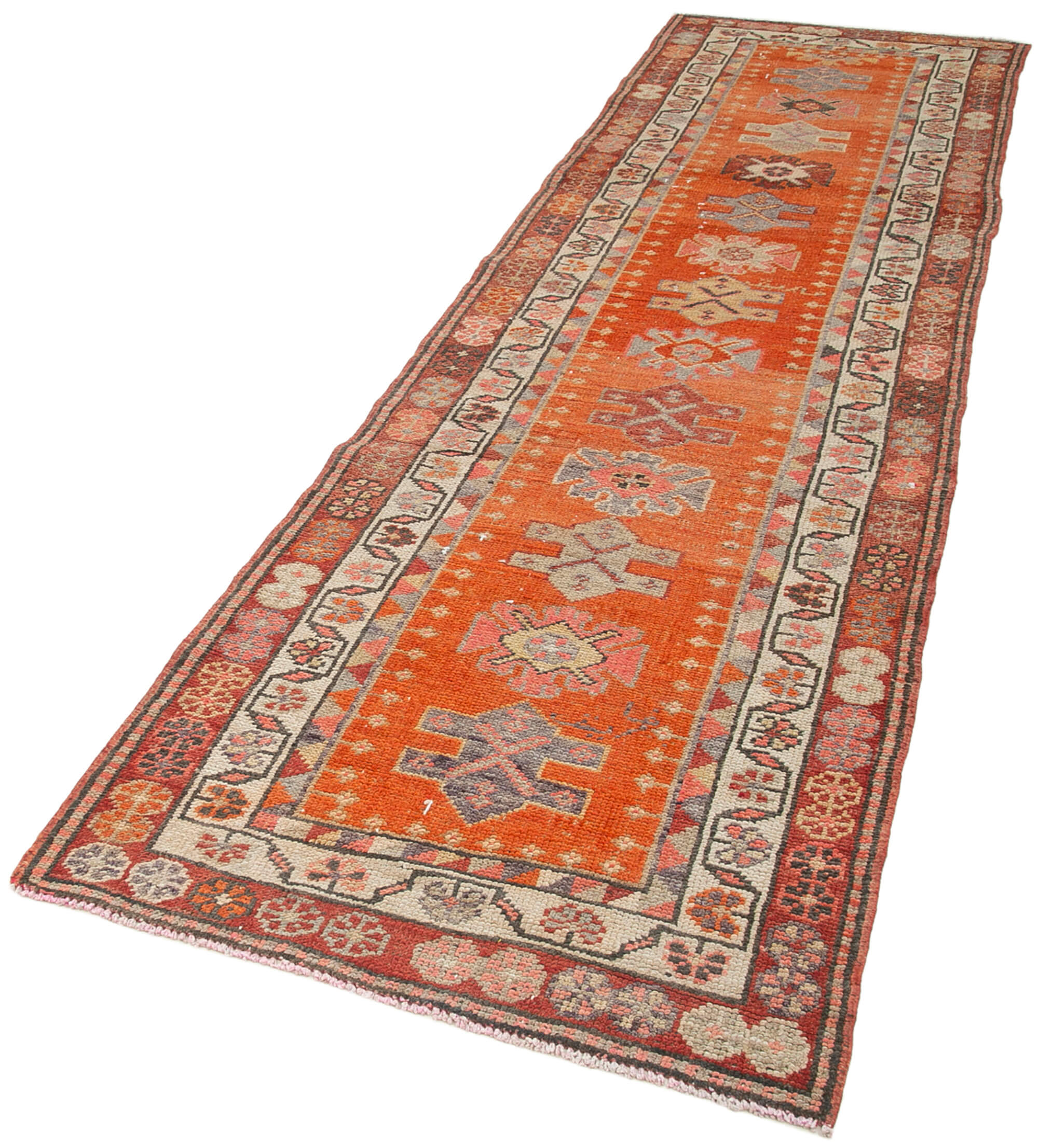 Hand-knotted distressed turkish red runner carpet 95 cm x 365 cm