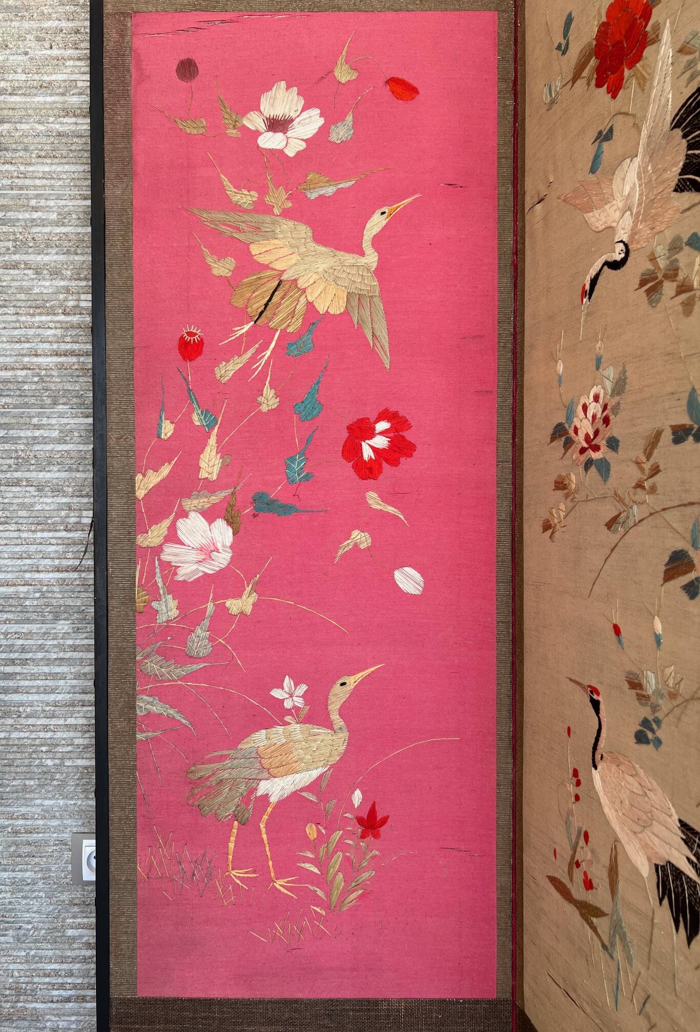 4-panel Japanese screen, 19th century, bird silk embroidery