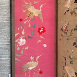 Paravent 4 panneaux japon XIXem, broderie soie oiseau