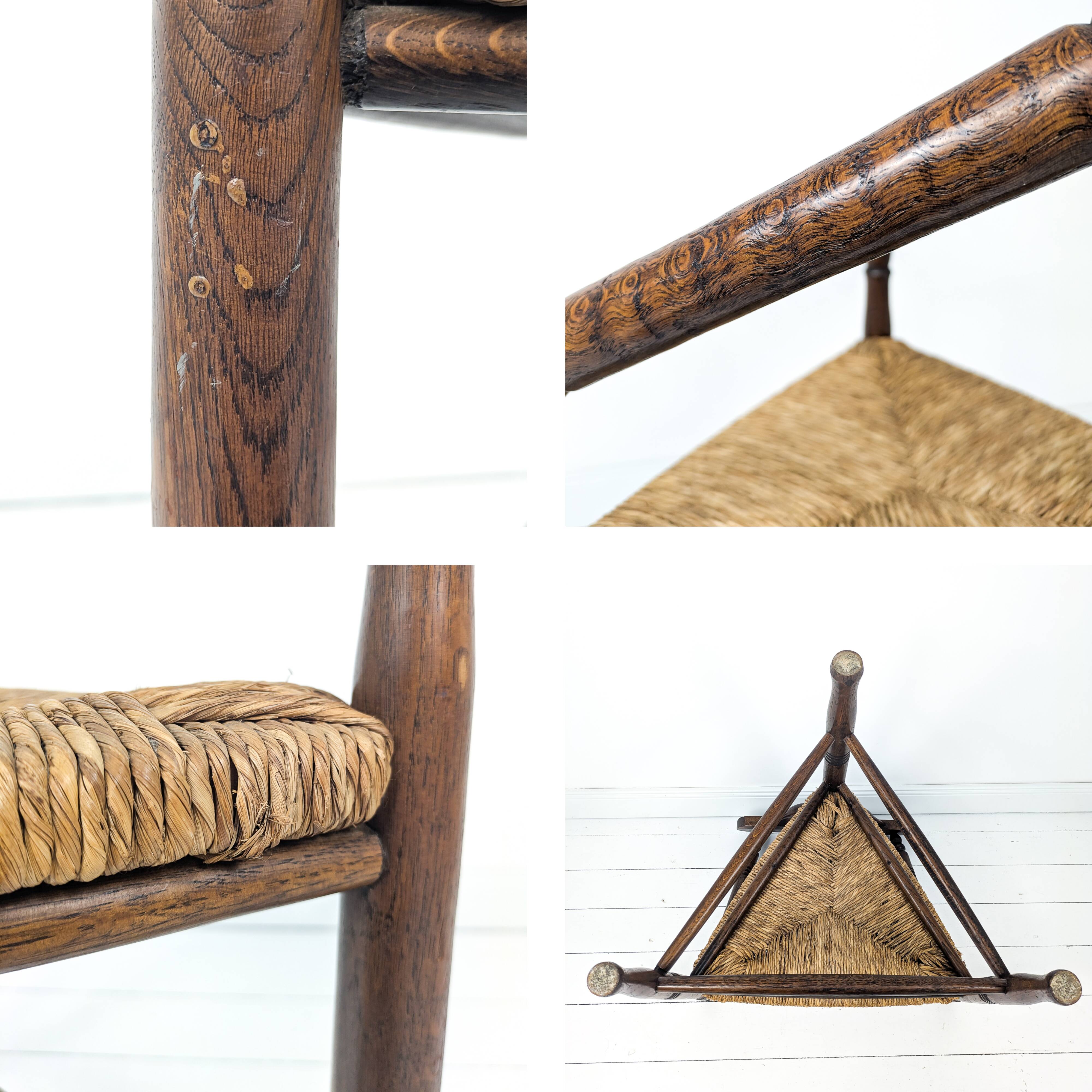 Chaise d’angle vintage antique à trois pieds en bois massif avec assise en