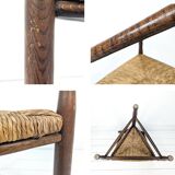 Chaise d’angle vintage antique à trois pieds en bois massif avec assise en