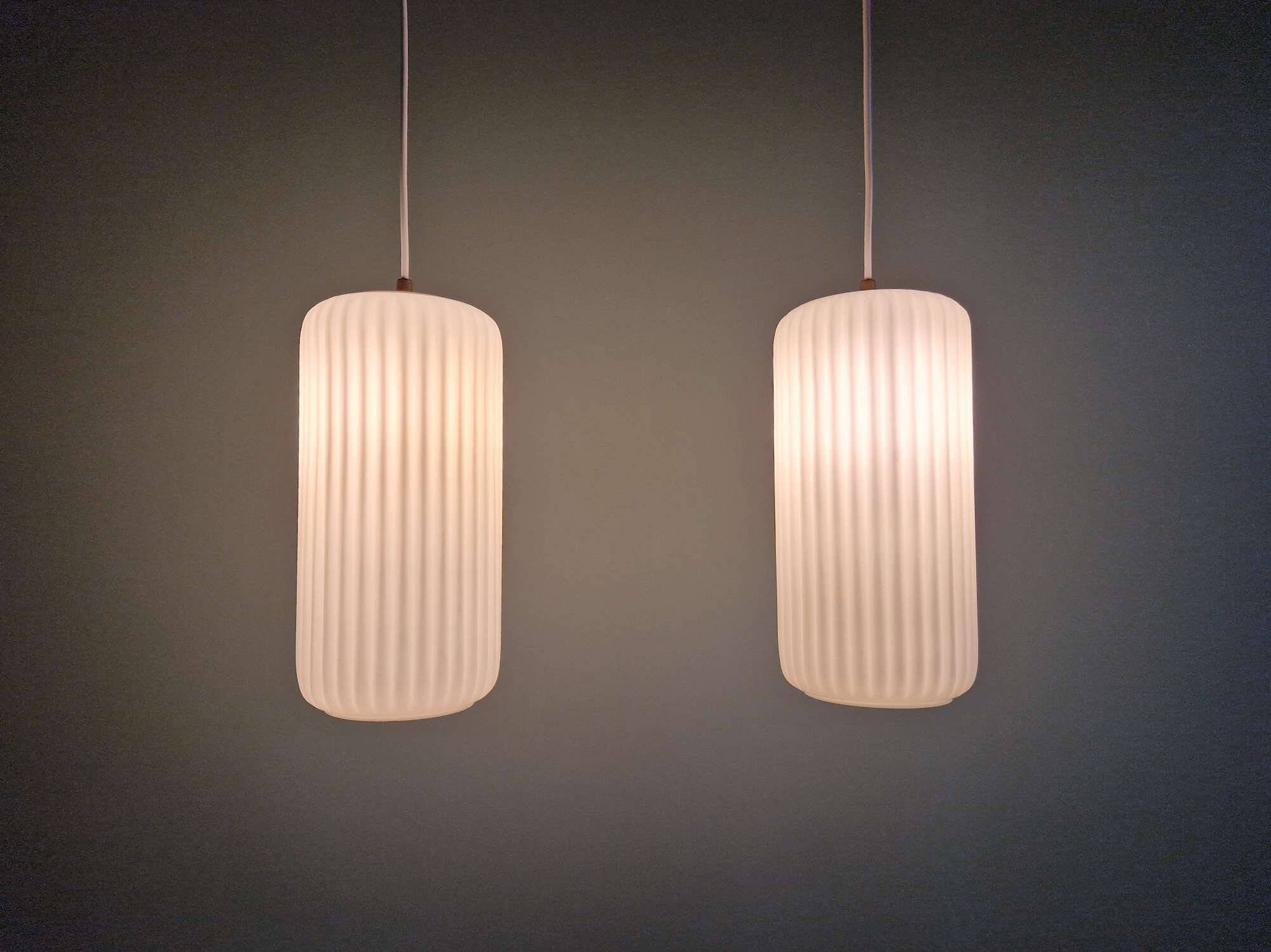Pair of ribbed white opaline pendants, Philips, 1960s