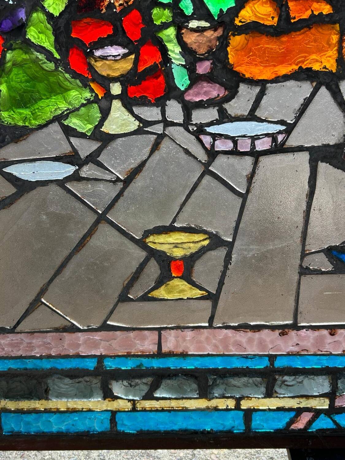 Large stained glass window the last supper circa 1960 - raw glass blocks - h 119 x l 161 cm