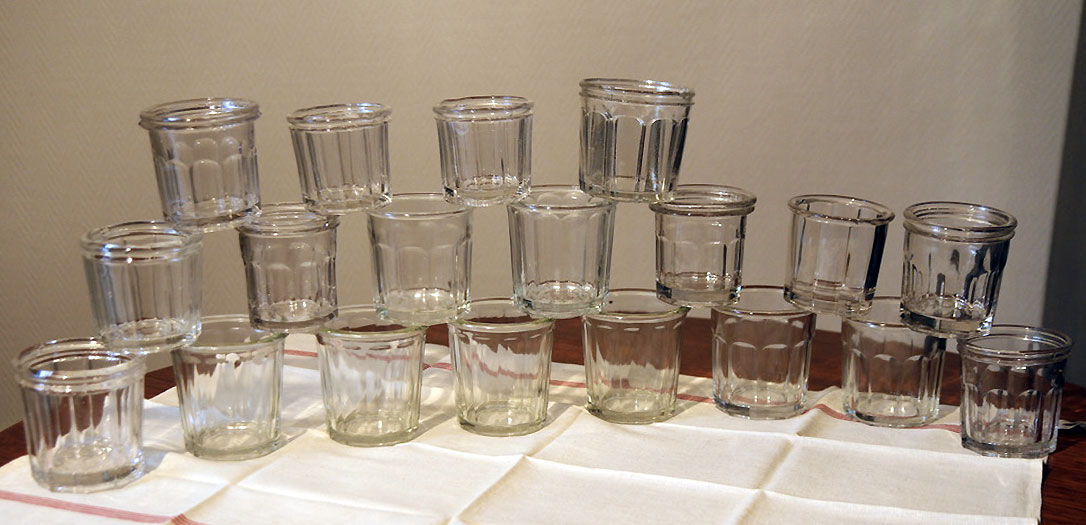 Set of 19 old jam jars