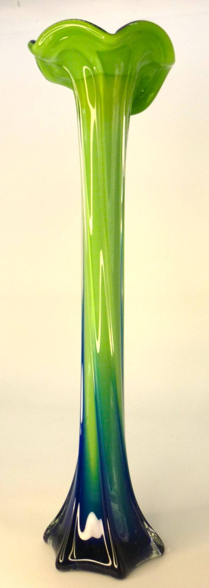 Vintage blown glass vase, twisted, blue and green, height: 39cm