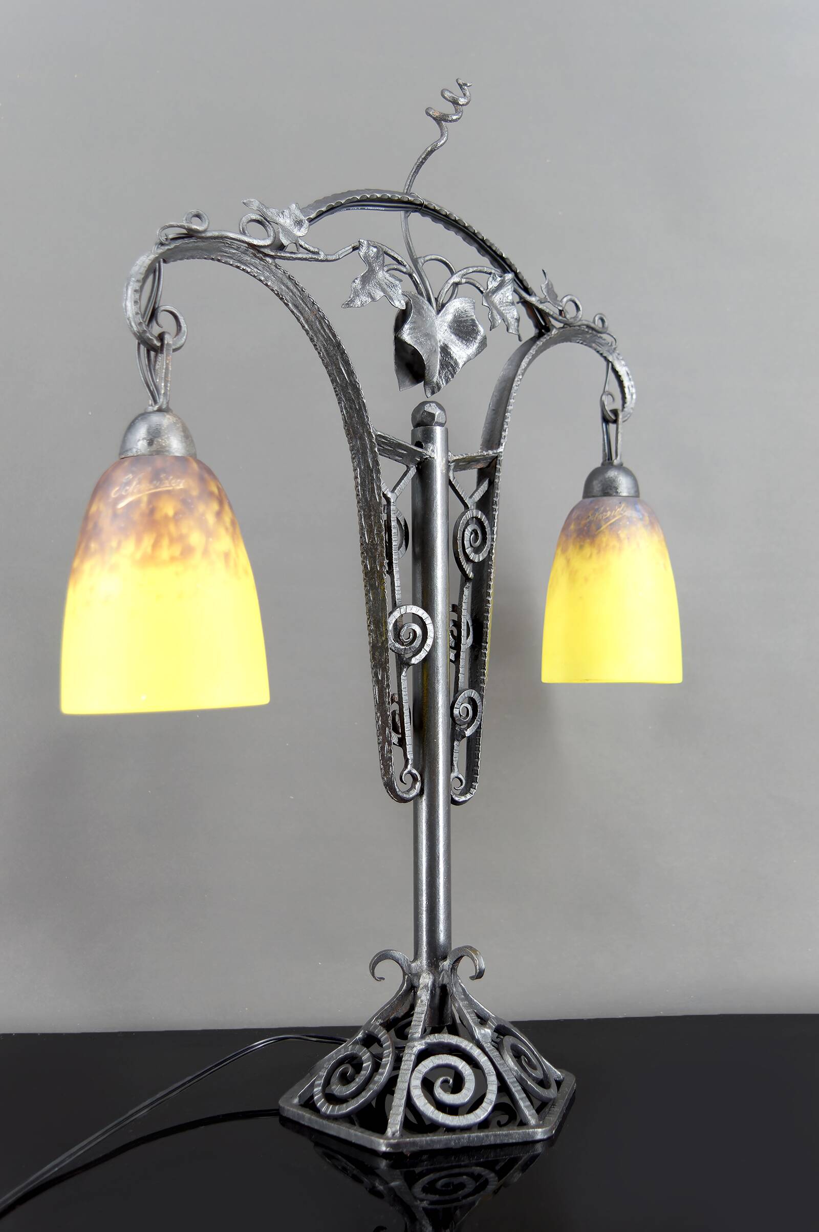 Important Double-Headed Lamp, Wrought Iron by Schneider, France, c. 1920