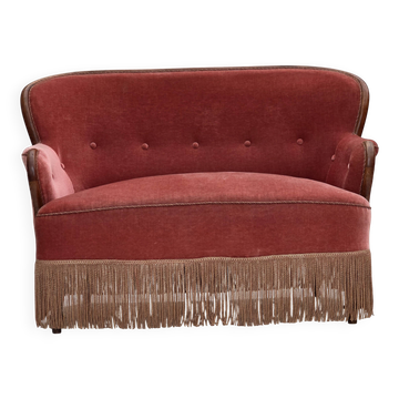1930s, Danish 2-seater sofa, salmon pink furniture velour, ash wood.