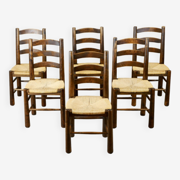 Série de 6 chaises en bois et paille Georges Robert, made in France, 1950s