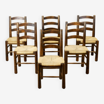 Series of 6 Georges Robert wood and straw chairs, made in France, 1950s