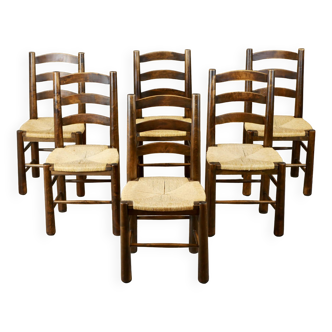 Series of 6 Georges Robert wood and straw chairs, made in France, 1950s