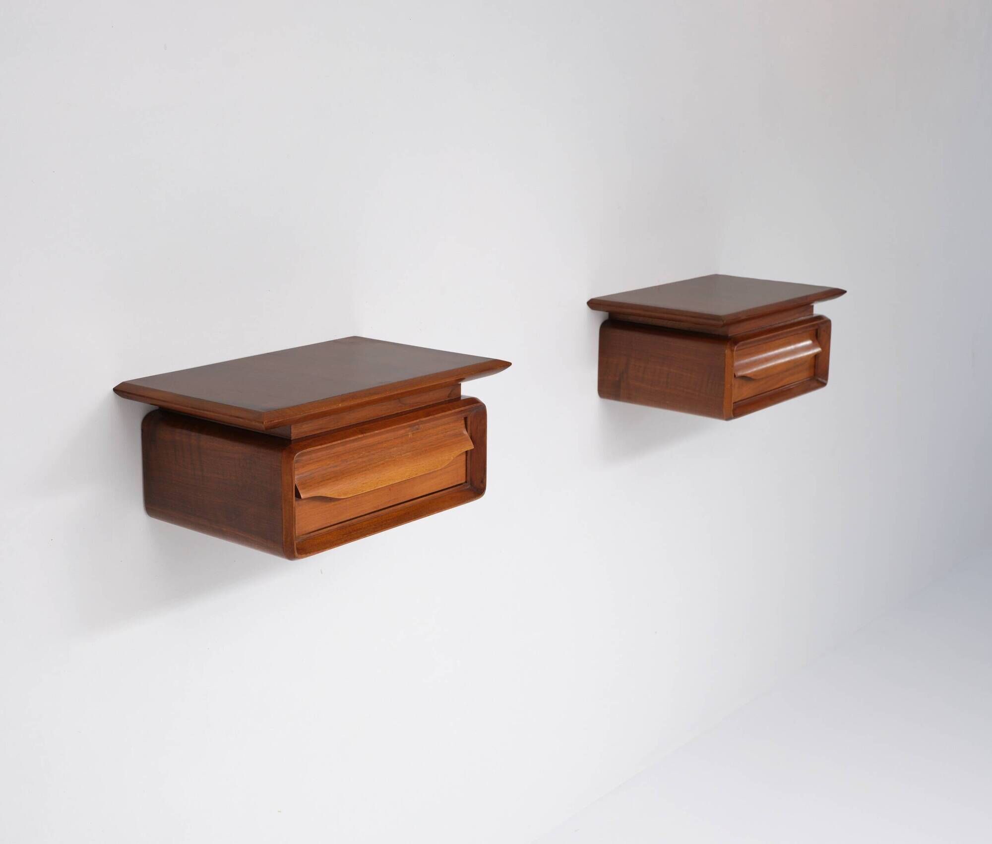 Pair of 1950s Italian Wall-Mounted Wooden Nightstands with Single Drawer