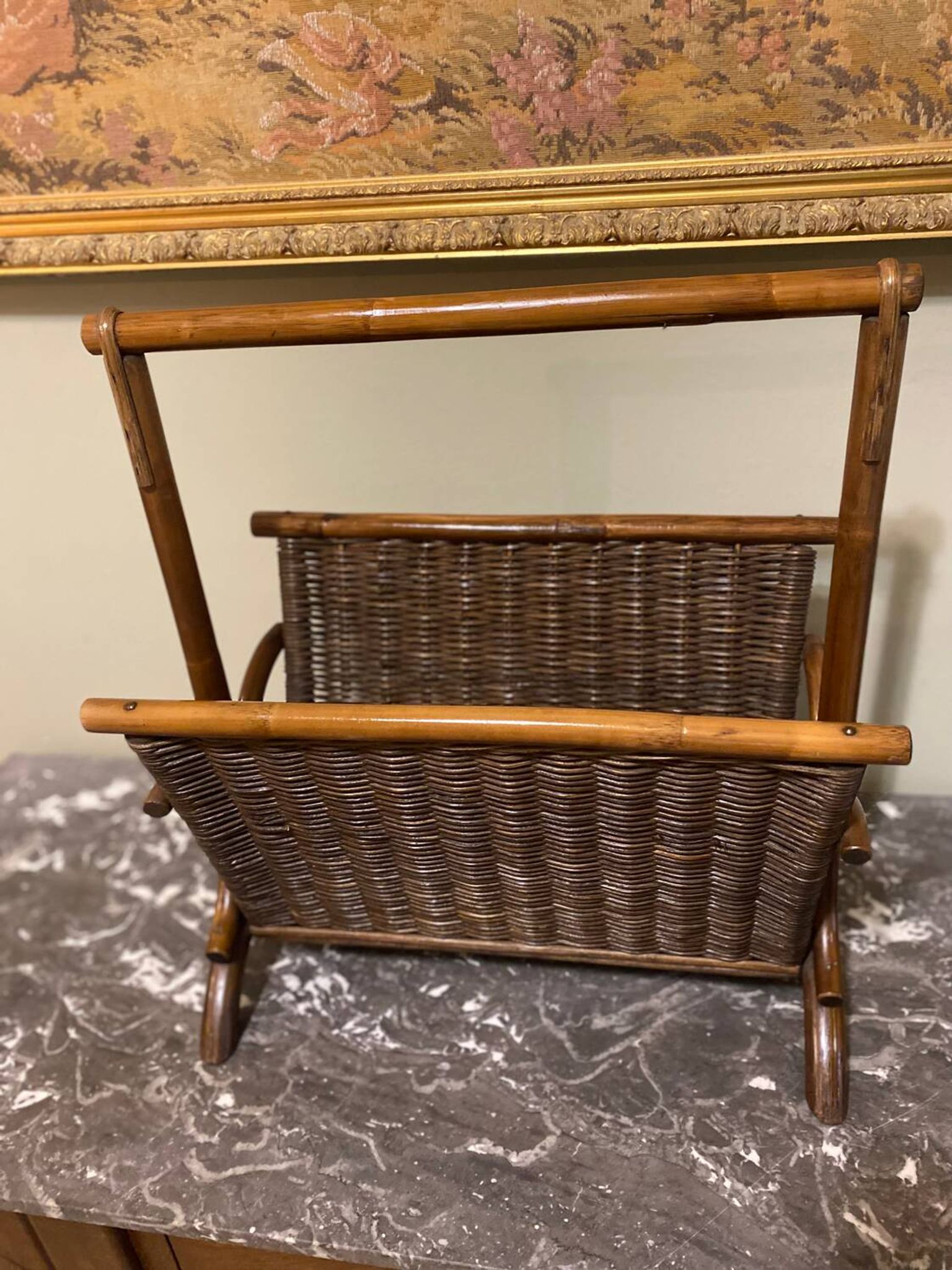 Wicker and brown wood magazine rack