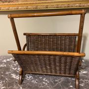 Wicker and brown wood magazine rack