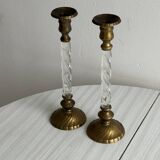 Pair of twisted metal and glass candlesticks