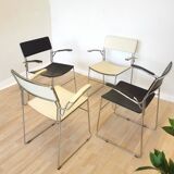 4 Sultana Dining Stackable Armchairs by Arrben/Italy 1980s/White and Black Leather Mid-Century