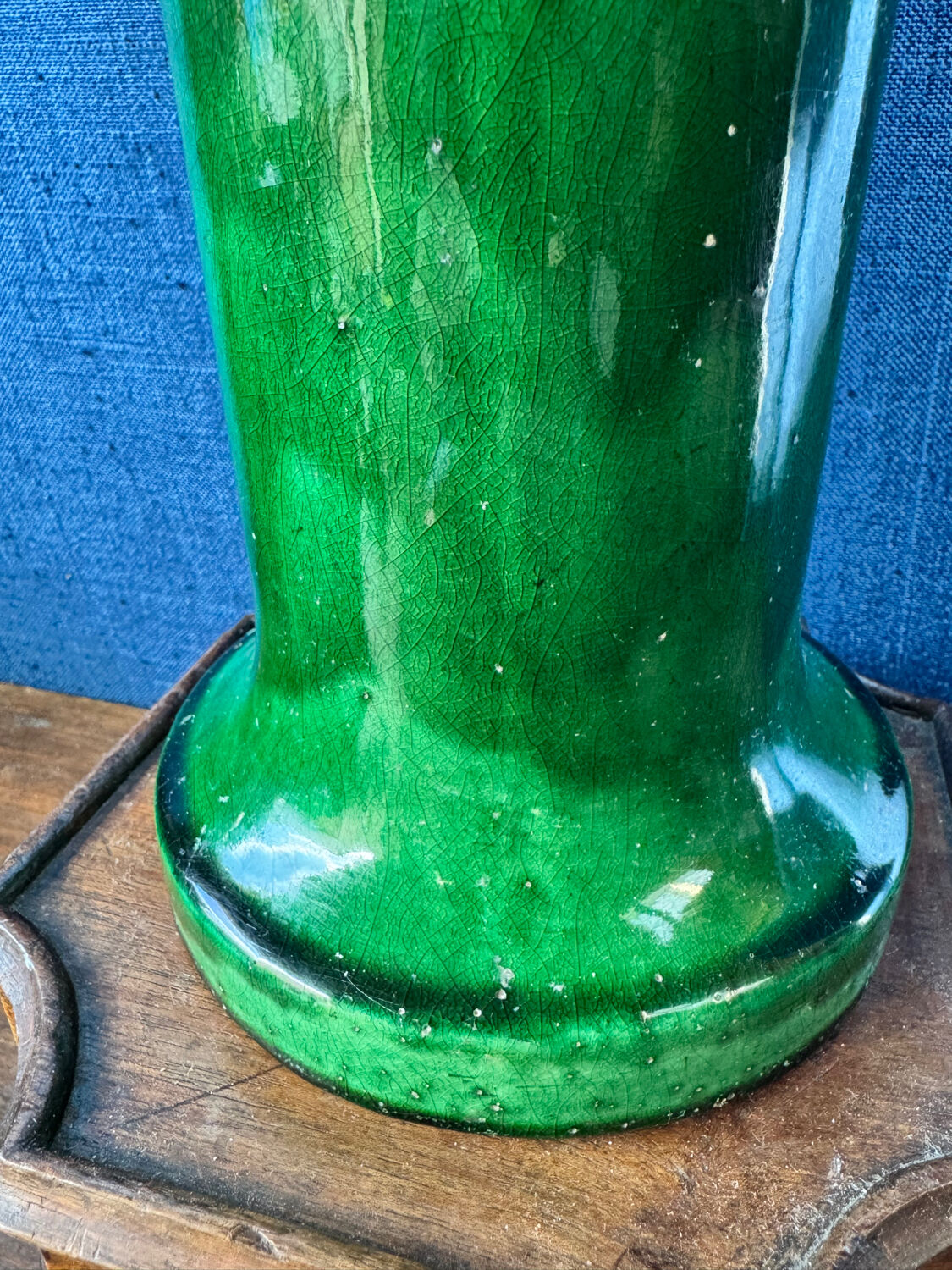 Large Art Nouveau vase in crackled green glazed stoneware – Baluster neck