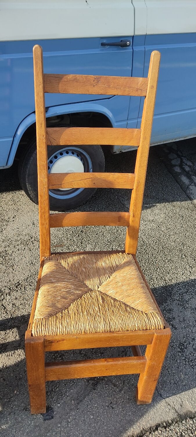 Ensemble de 4 chaises bois paille brutaliste