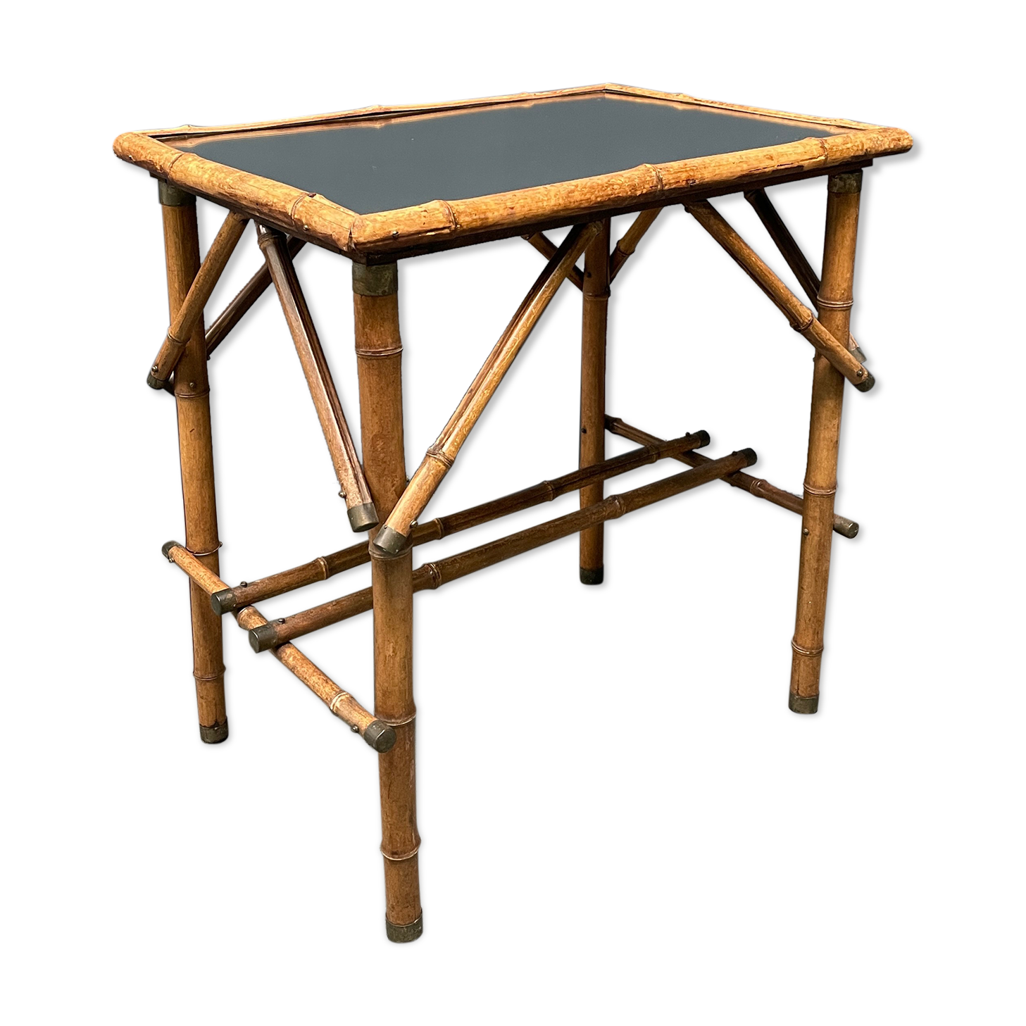 Bamboo side table with mirror top from France, 1940s