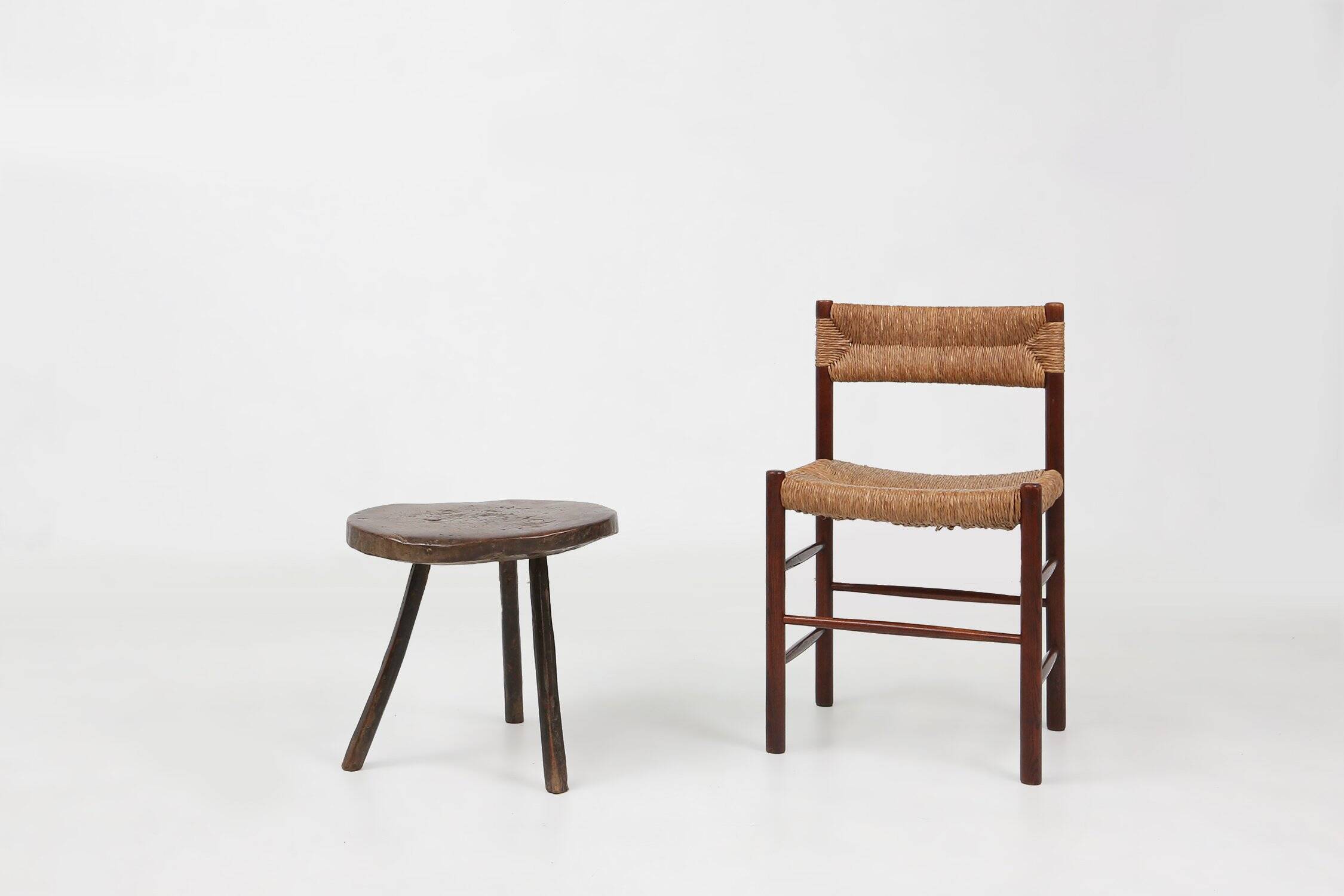 French Brutalist Oak Tripot Stool, ca 1850