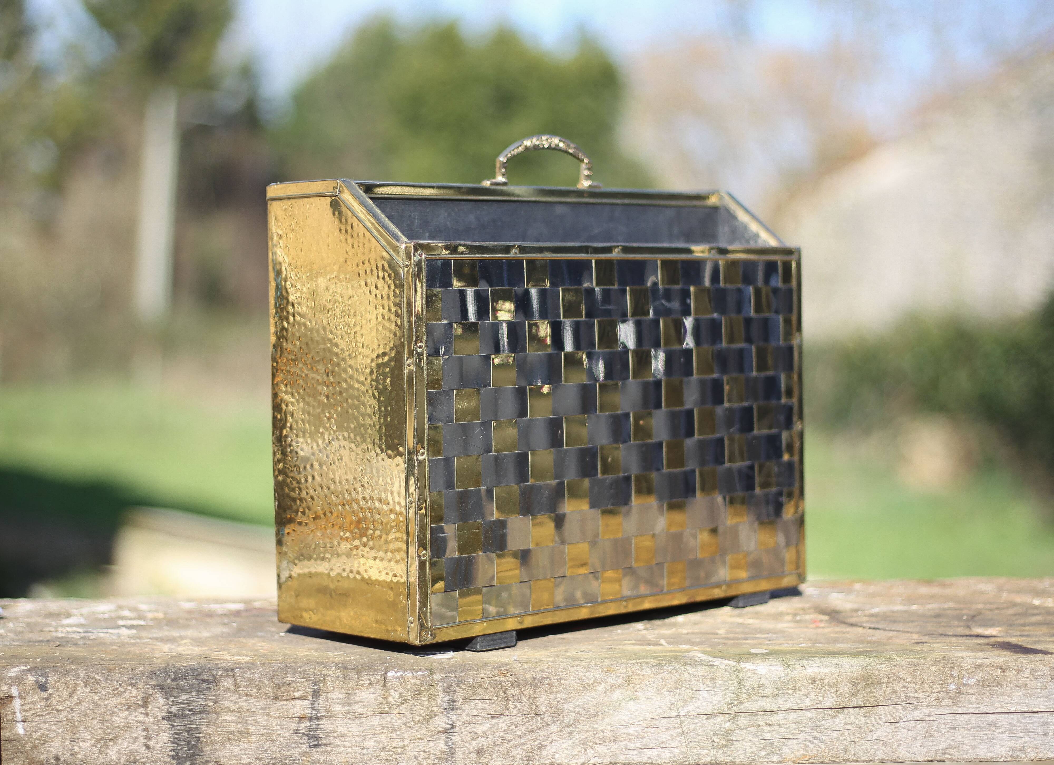 Vintage magazine rack, two-tone woven brass magazine rack, book storage