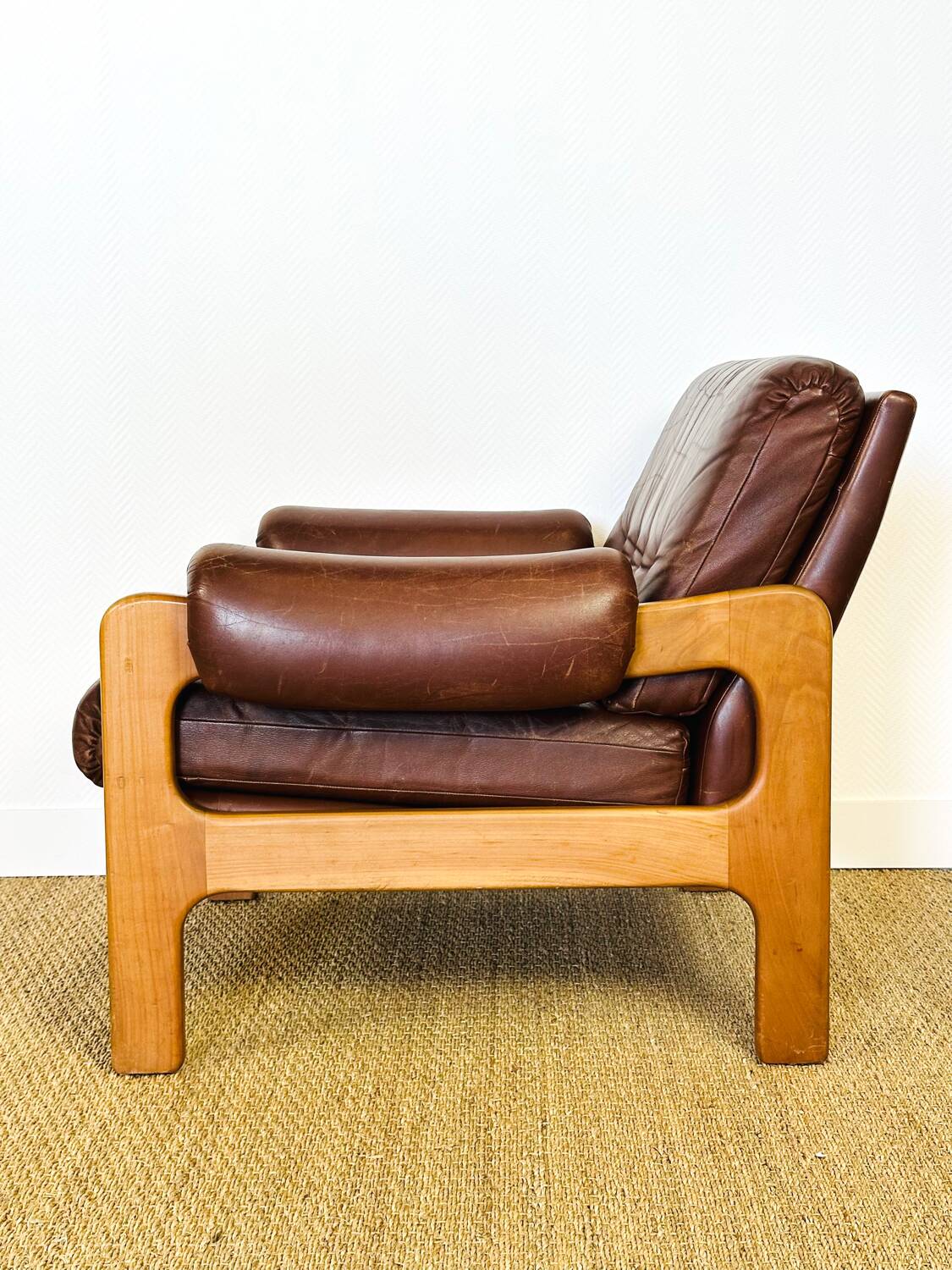 Vintage Scandinavian leather and teak armchair 1960