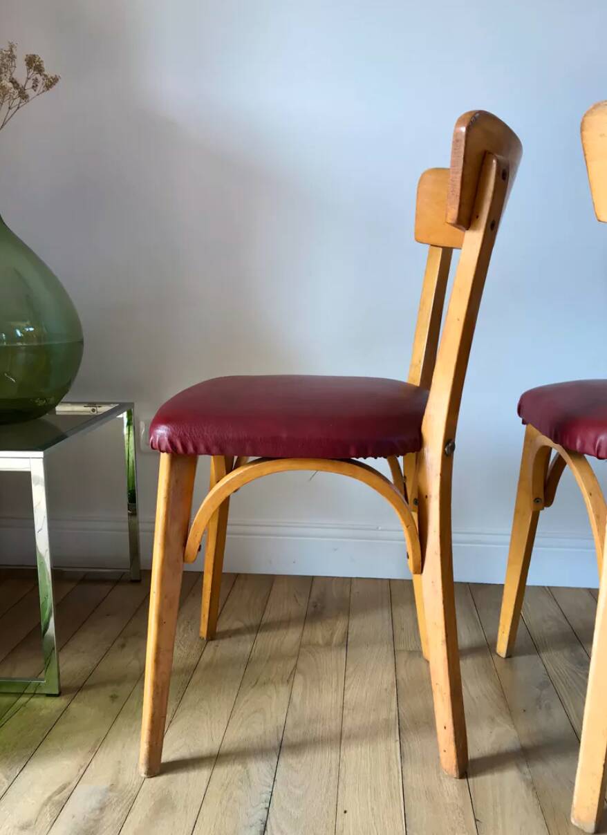 Set of 6 Luterma bistro chairs in blond wood and skaï 50s
