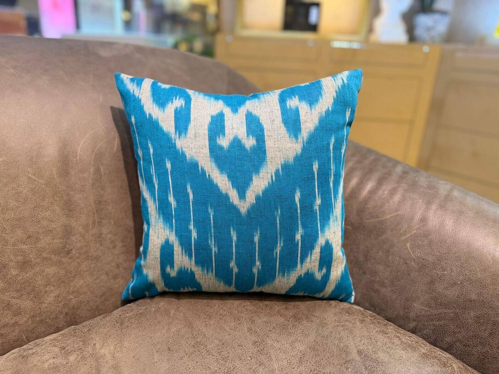 Vintage Silk Ikat Square Cushion Cover, Sky Blue White Arch Medallion 16x16