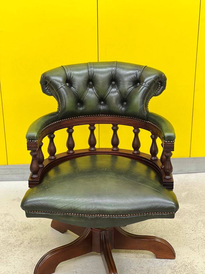 Chesterfield Revolving Captain's Chair with Green Leather Upholstery