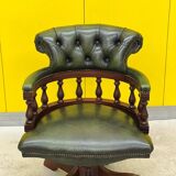 Chesterfield Revolving Captain's Chair with Green Leather Upholstery