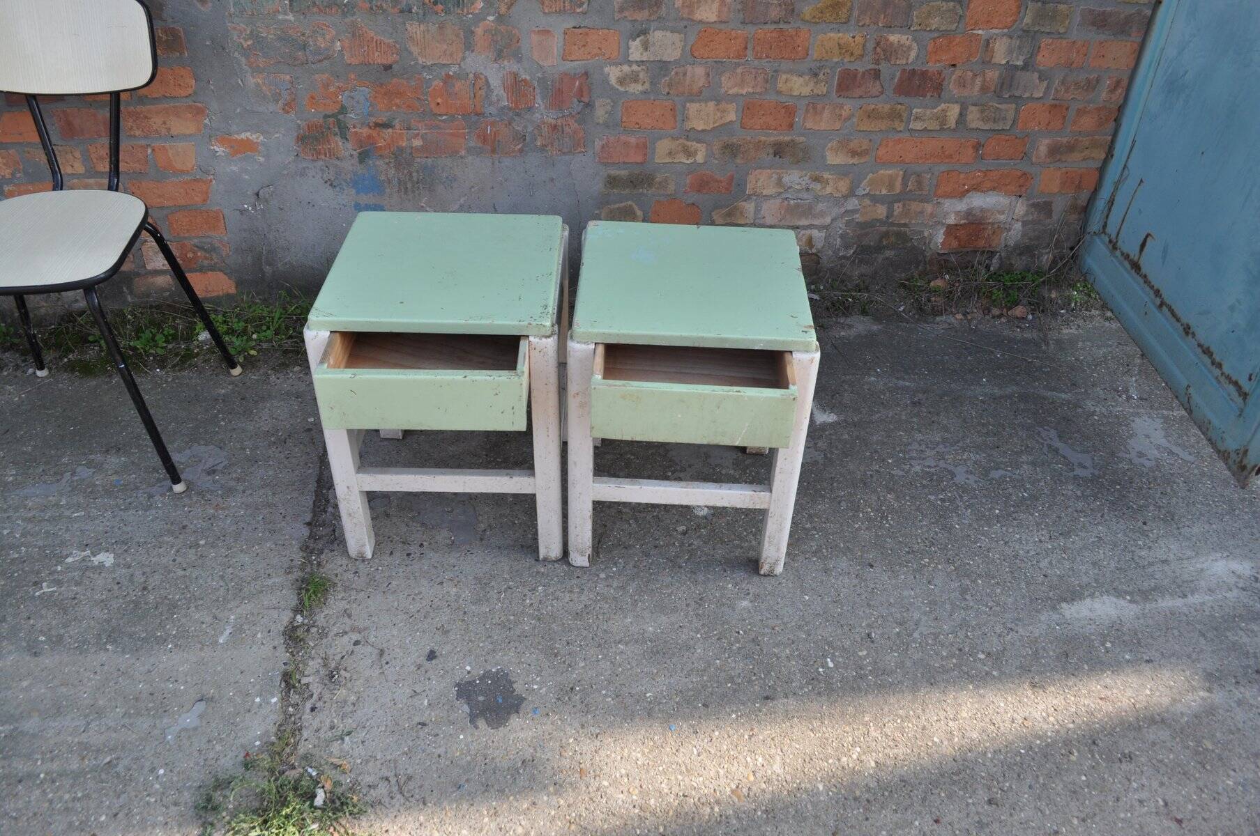 Pair of green and white painted pine stools with drawer, 1940s industrial vintage.