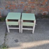 Pair of green and white painted pine stools with drawer, 1940s industrial vintage.