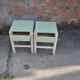 Pair of green and white painted pine stools with drawer, 1940s industrial vintage.