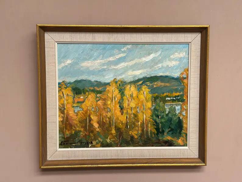 Original Swedish Oil on Panel – "Autumn Landscape" – Dated 1978 – Framed Period Piece – 50 × 42 cm (19.7" × 16.5")