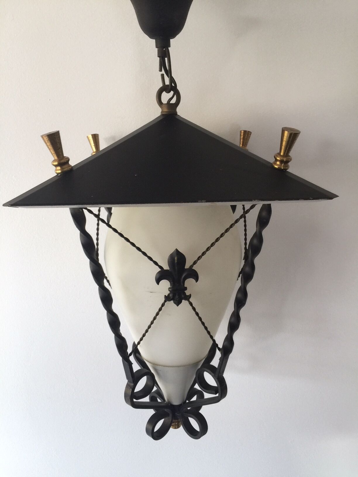 lantern in forged iron, opaline and brass