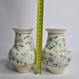 Pair of hand decorated enamelled ceramic vases, 13 cm
