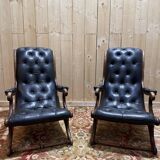 Pair of English Chesterfield armchairs in black leather