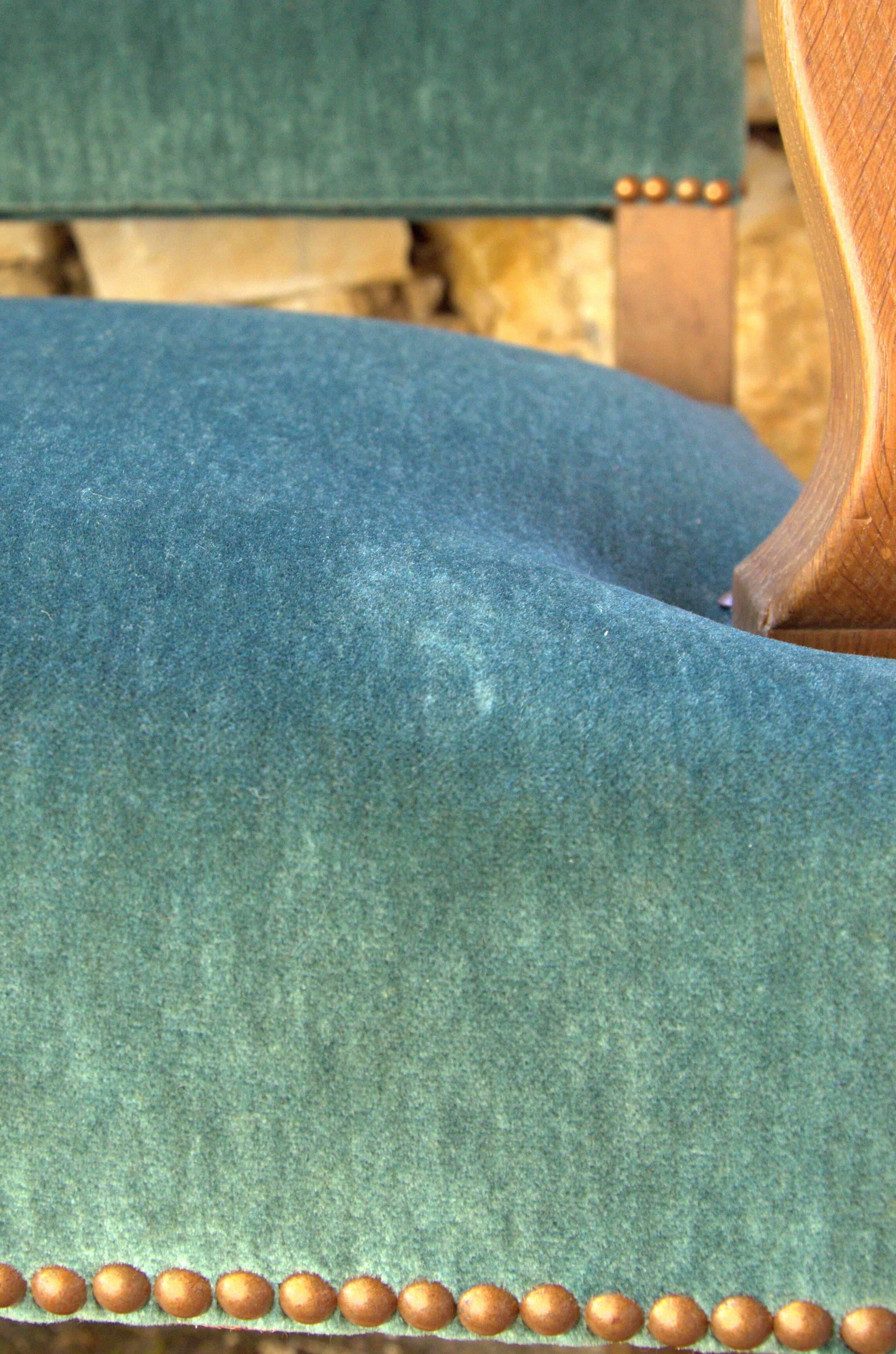 Antique Louis XIII style armchair, duck blue velvet, 67x112cm, G.Besnard